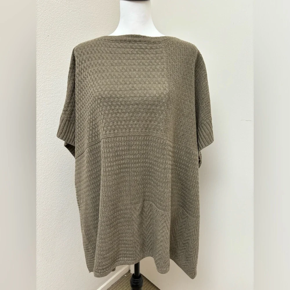 Beige brown mixed‎ textured knit poncho pique open sides, one size Lagenlook